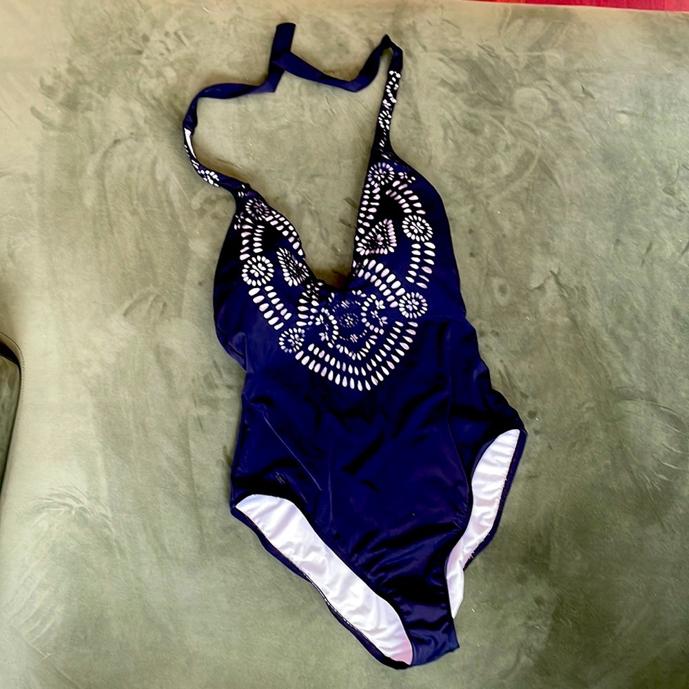 Black One-Piece Halter Swimsuit with White Cutout Detail